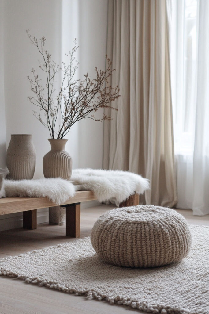 Textured beige knitted pouf on a chunky wool rug beside a low wooden bench with sheepskin and ceramic vases in a cozy minimalist living room
