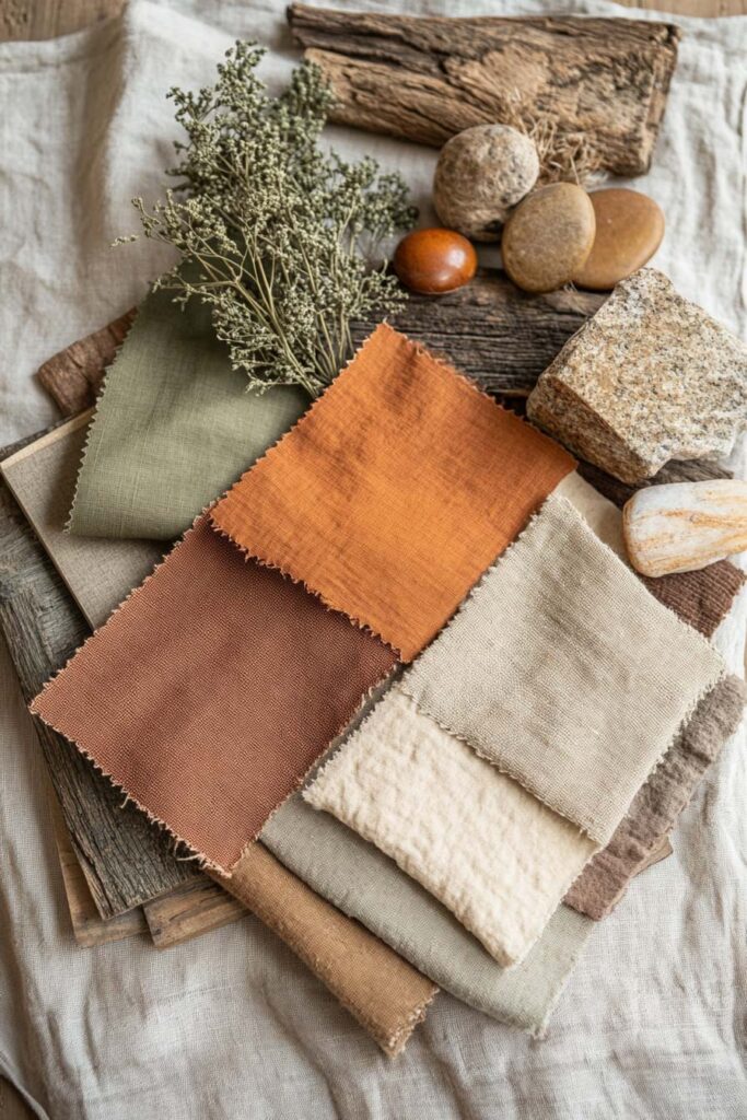 Flat lay of earthy fabric swatches in terracotta, sage green, ivory, and taupe alongside natural stones, dried botanicals, and wood textures on linen fabric.