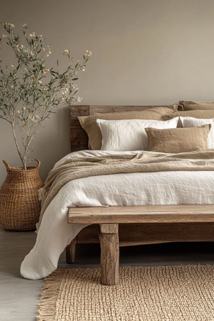 Earthy bedroom with a rustic wood bed frame, neutral linen bedding in tan and ivory, woven rug, and potted olive tree.