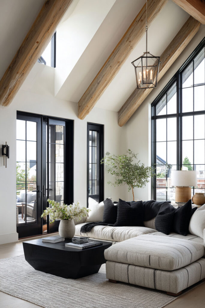 Bright living room with vaulted ceiling, natural wood beams, black-framed windows, a neutral sectional sofa with black pillows, a black coffee table, and fresh greenery accents.