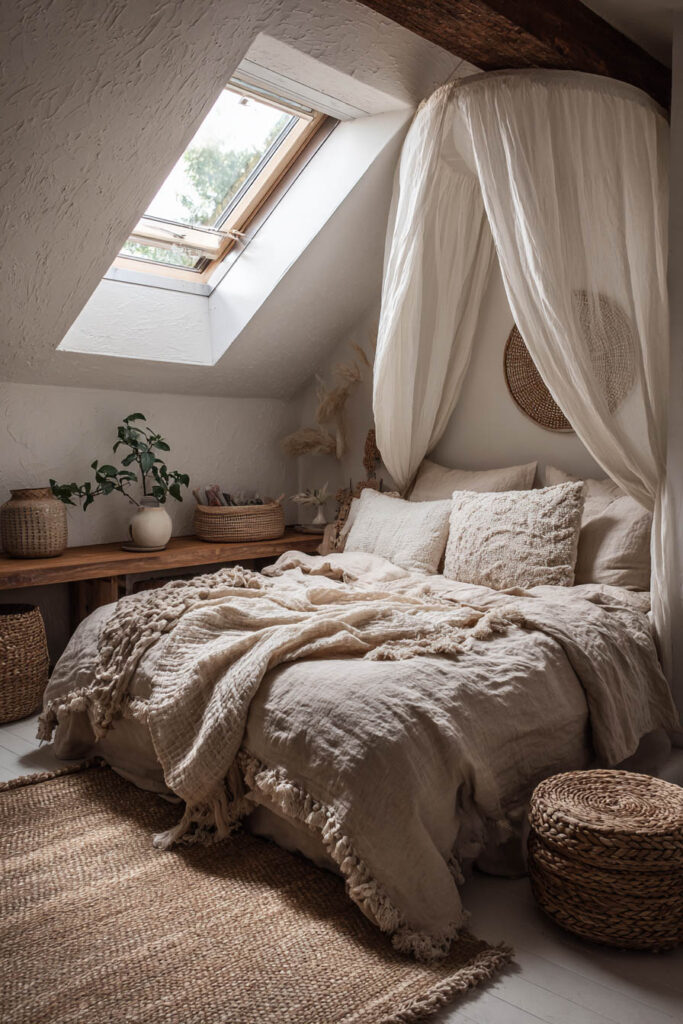 Neutral bedroom with a soft linen canopy over the bed, layered textured linen bedding, woven baskets, and natural light from a skylight, styled in calming earthy tones.