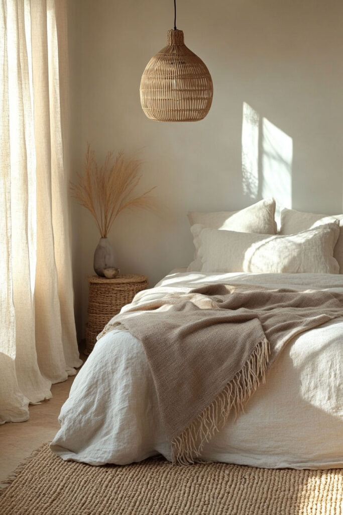Soft neutral bedroom featuring layered beige bedding, a woven rattan pendant light, and natural pampas grass in a ceramic vase.