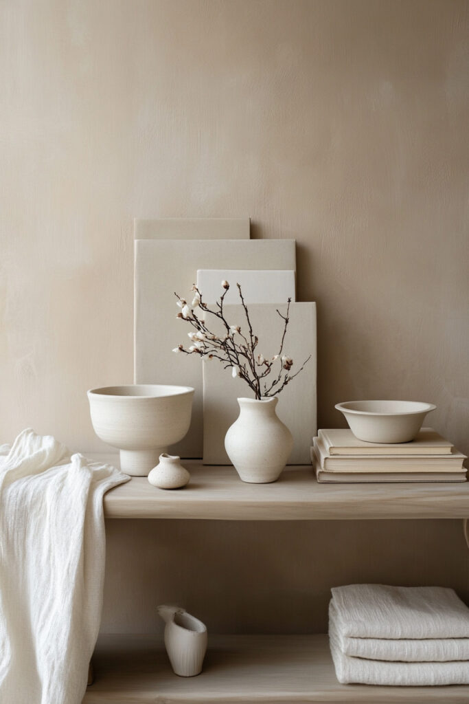 Minimalist neutral-toned shelf styling with ceramic vases, cotton branch, linen textiles, and stacked books against a warm beige wall.