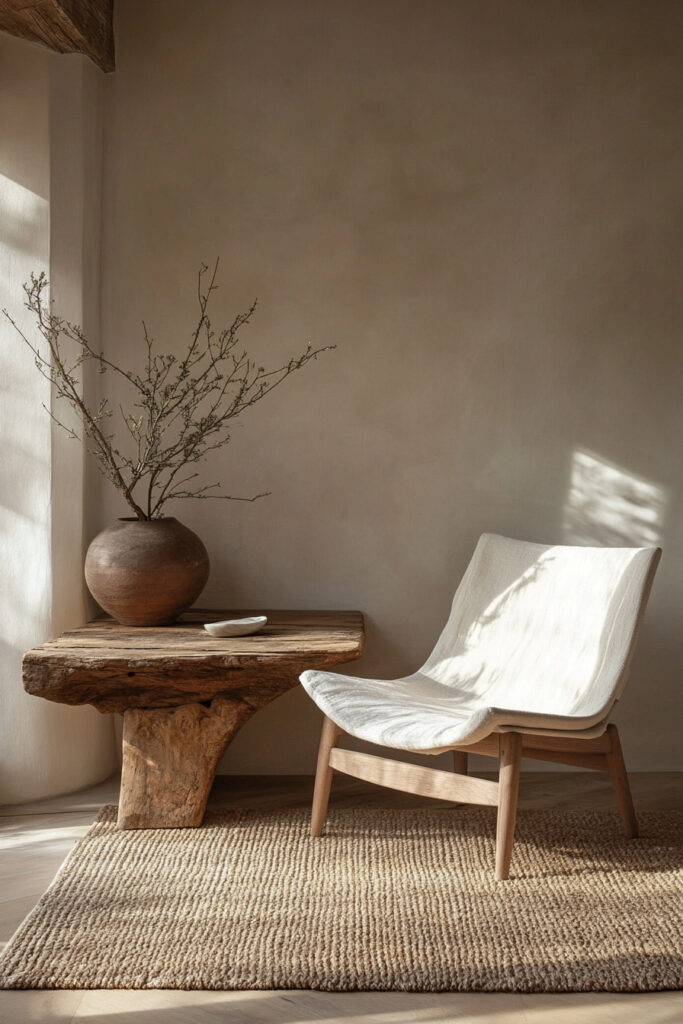 A simple corner nook with a sculptural wood side table, white accent chair, rustic clay vase, and filtered natural light on textured walls.