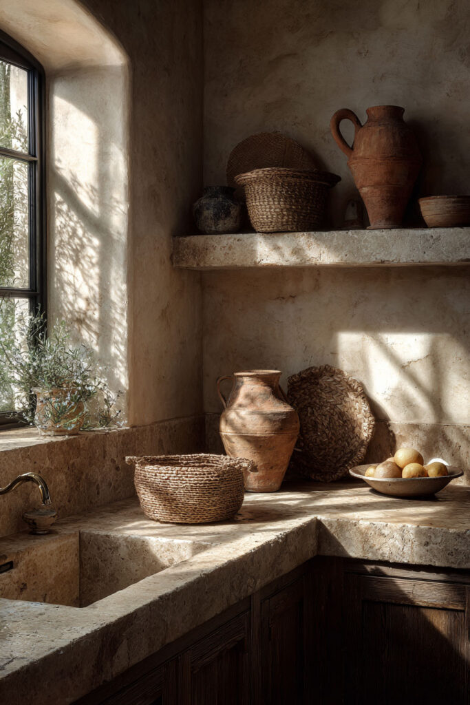 Rustic kitchen with textured plaster walls, stone countertops, vintage pottery, woven baskets, and warm natural light streaming through a window.