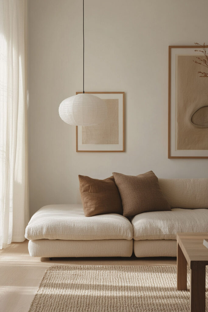 Scandinavian minimalist living room with a low cream textured sofa, brown linen pillows, a wood coffee table, and abstract wall art.