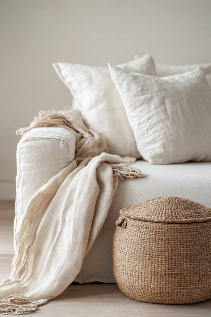 Neutral living room corner with a cozy white linen sofa, cream throw blanket, and a round woven storage basket with lid on light wood flooring.