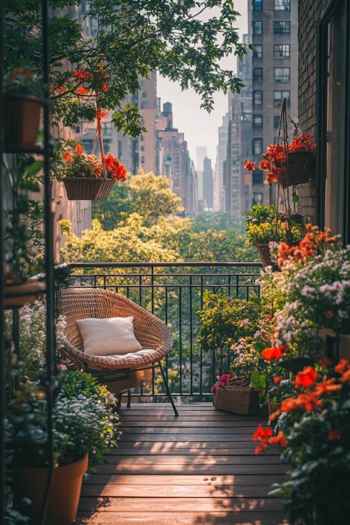 Urban balcony with rattan chair, hanging flower baskets, potted colorful blooms, wood flooring, black railing, and city skyline background.