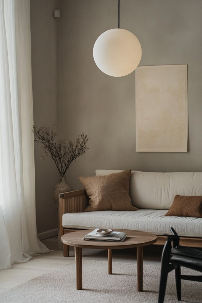 A moody minimalist living space with a round pendant light, neutral sofa, earthy throw pillows, and soft ambient lighting against taupe walls.