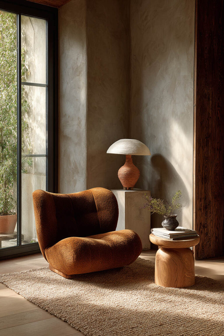 Cozy reading nook featuring a warm rust-colored textured armchair, a sculptural wooden side table with books and a small vase, a neutral area rug, and soft natural light from large windows.