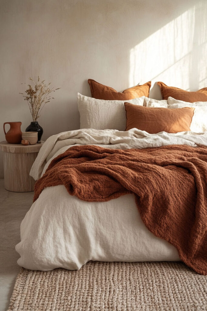 Earthy bedroom with rust-colored throw blanket and pillows, soft neutral linen bedding, textured rug, and dried florals on a light wood side table in natural sunlight.