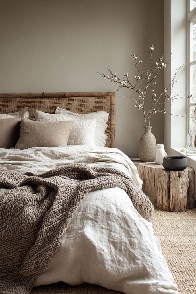 Neutral bedroom with a rattan headboard, cozy linen bedding, chunky knit blanket, and a natural wood stump side table styled with ceramics.