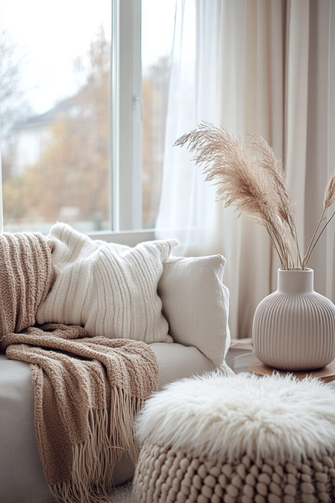 Cozy neutral living room corner with knit textured throws and pillows, pampas grass in a ceramic vase, and a fuzzy pouf by the window