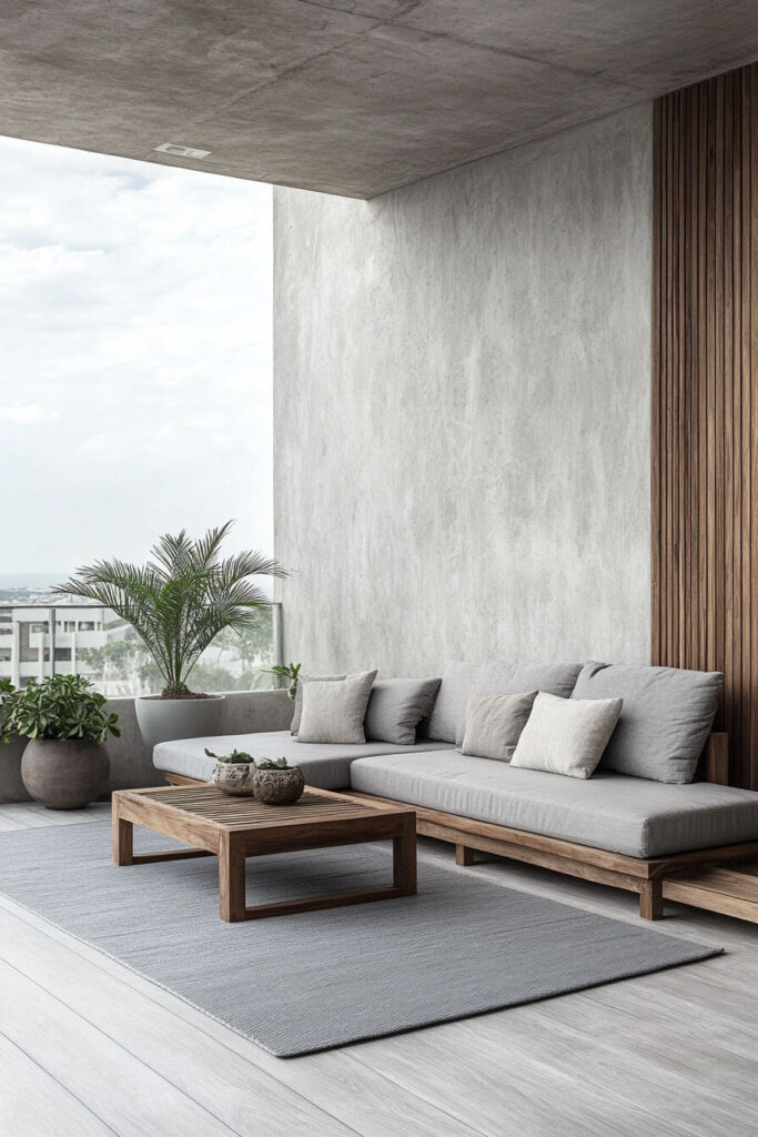 Modern minimalist balcony with gray sectional sofa, wooden coffee table, concrete walls, slatted wood paneling, and potted plants.