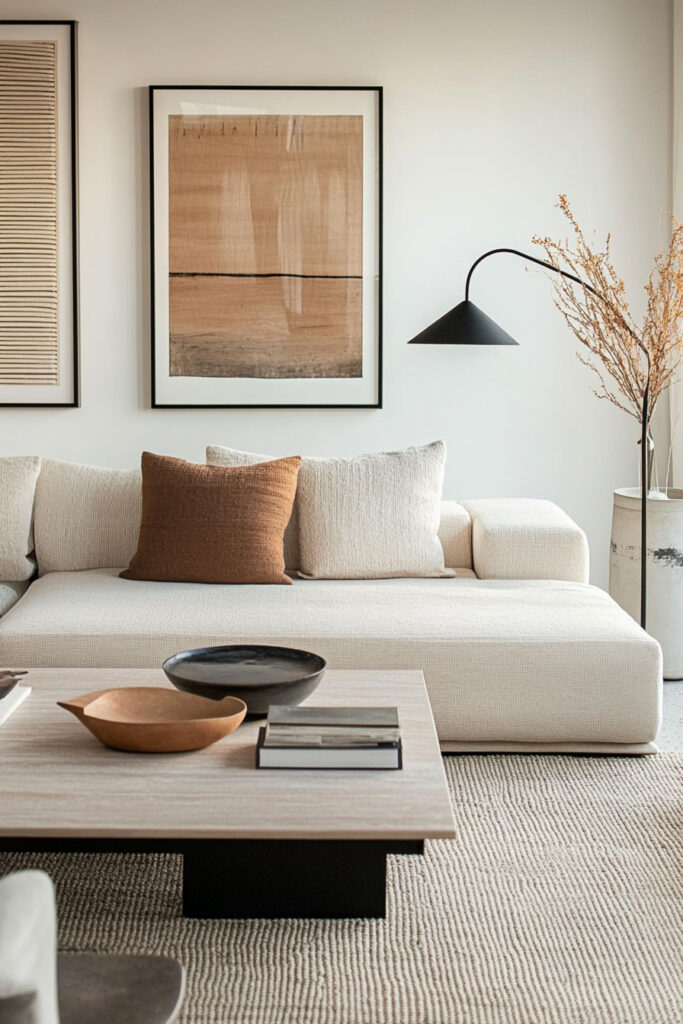 Modern Scandinavian living room with a low cream sofa, rust-colored accent pillow, minimalist coffee table, and warm abstract wall art.