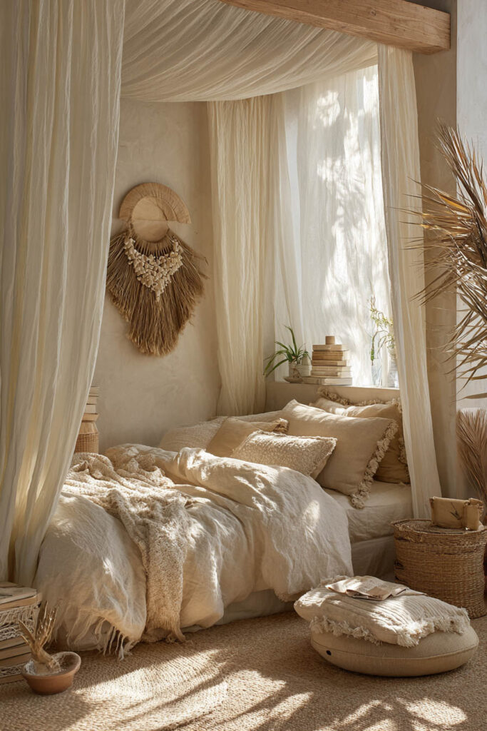 Neutral boho bedroom with layered linen bedding, a soft canopy, woven baskets, natural decor, and warm light filtering through sheer curtains for a cozy organic feel.