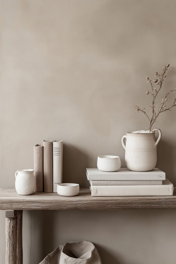 Rustic wooden shelf styled with ceramic cups, linen-covered books, and a simple cream vase holding dried branches.