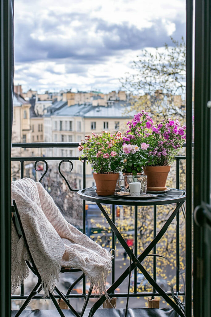 European cozy balcony with bistro table, folding chair, knit blanket, potted flowers, wrought iron railing, and city view.