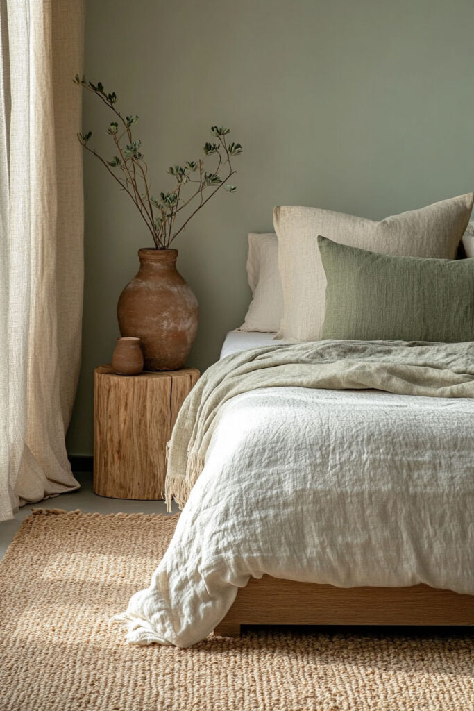 Cozy bedroom with a sage green wall, layered natural linen bedding, green accent pillow, ceramic vase, and rustic wood side table.