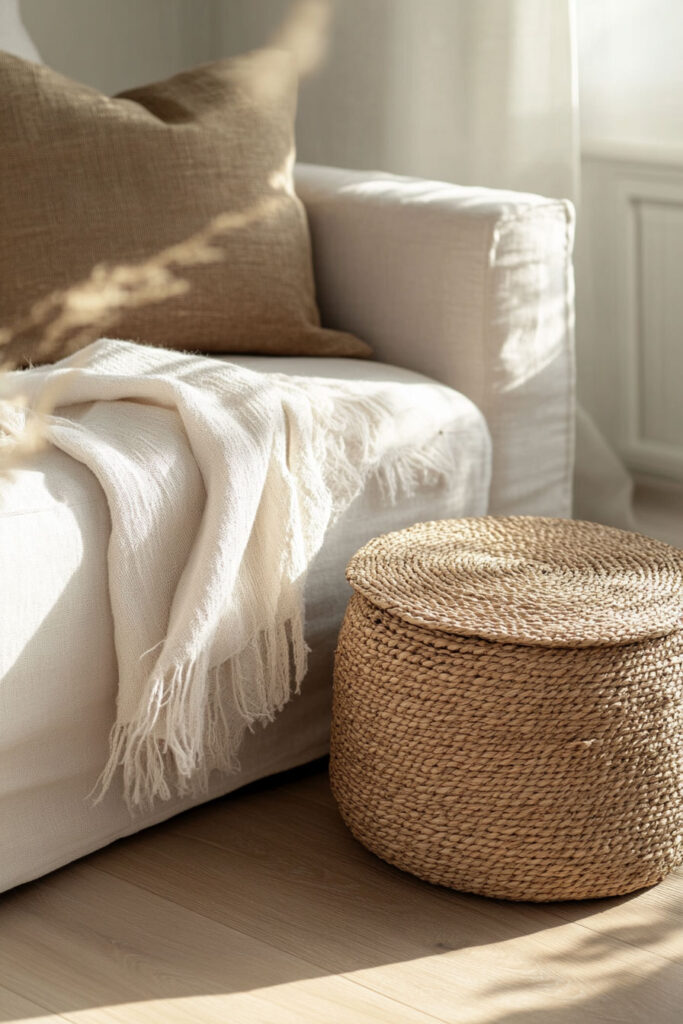 Neutral-toned living room featuring a white sofa, fringed cream throw, brown cushion, and a round woven basket on light wood flooring.