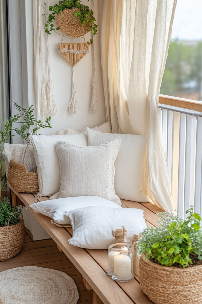 Boho cozy balcony with wooden bench, cream pillows, woven baskets, macrame wall hanging, soft curtains, greenery, and candles.