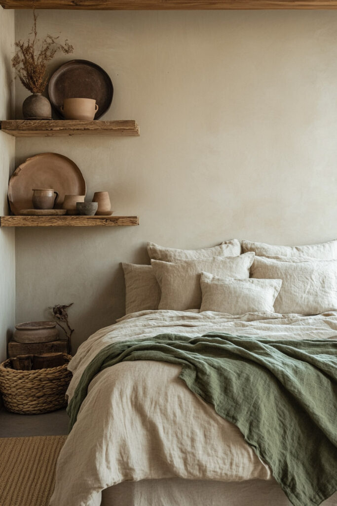 Earthy bedroom with a green linen throw blanket, neutral-toned bedding, and rustic wood shelves styled with handmade ceramics and dried botanicals.