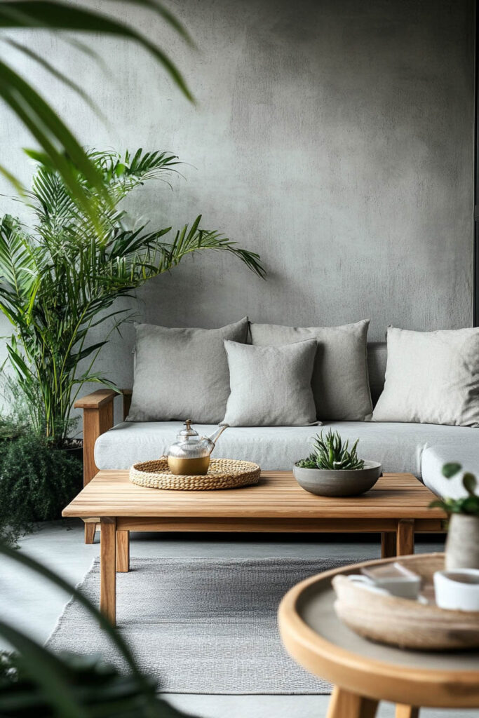 Minimalist balcony with gray sofa, wooden coffee table, woven tray, succulents, potted palms, and concrete wall backdrop.