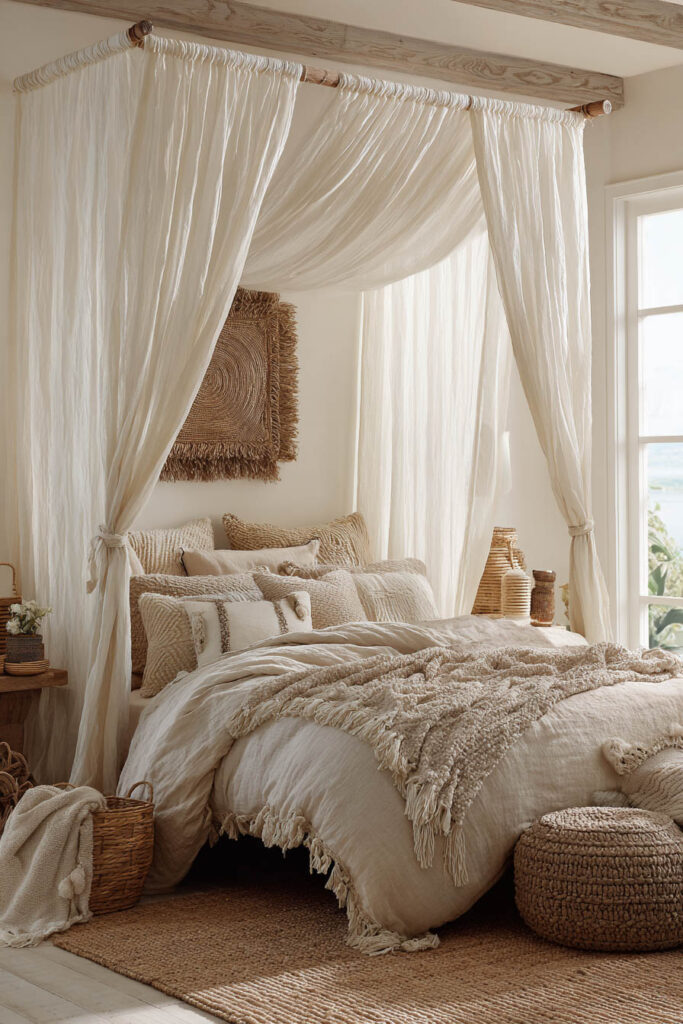 Neutral bedroom with a white canopy draped over a bed layered in textured linen bedding and throw pillows, natural jute rug, and woven decor, styled in warm earthy tones.
