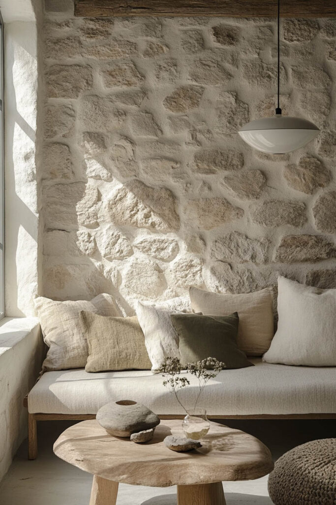 A rustic stone wall sets the backdrop for a neutral-toned bench layered with earthy linen pillows and a raw wood coffee table.