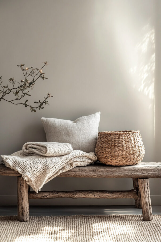 Rustic wooden bench with a folded knit blanket, soft pillow, and woven basket styled against a beige wall with soft natural light