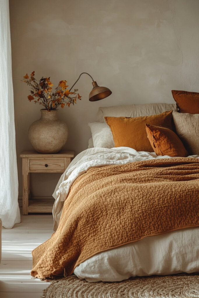 Earthy bedroom featuring a rust-toned pillow set, amber quilt, large ceramic vase with fall branches, and natural linen bedding.