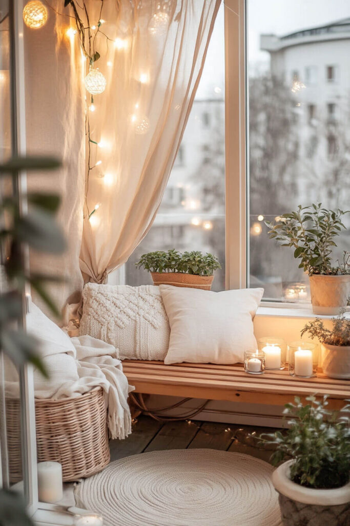 Enclosed cozy balcony with string lights, candles, wooden bench, neutral pillows, knit throw, potted greenery, and sheer curtains.