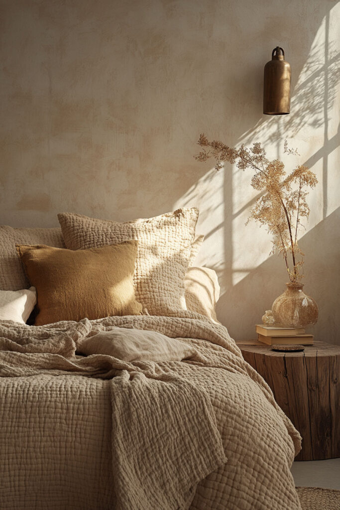 Earthy bedroom featuring quilted neutral bedding, golden ochre accent pillow, rustic wood side table with stacked books and dried florals, bathed in warm morning sunlight