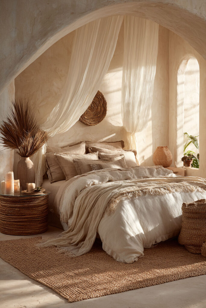 Neutral boho bedroom with an arched wall niche, layered linen bedding, woven decor, candles, and warm natural light filtering across textured plaster walls.