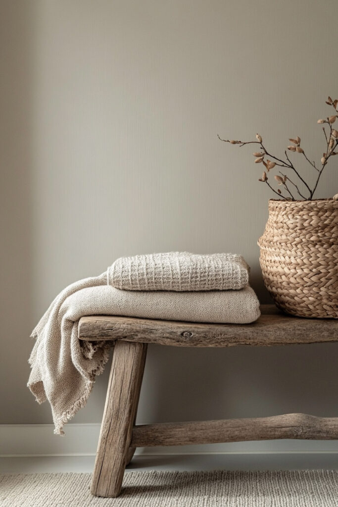 Neutral textured throw blankets folded on a rustic wooden bench beside a woven basket and dried branches in a minimalist room