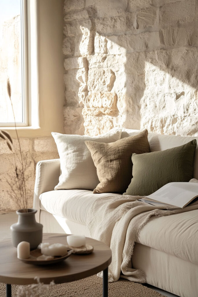 A sunlit stone wall behind a minimalist sofa layered with neutral, olive, and brown pillows, soft blankets, and a rustic coffee table with candles.