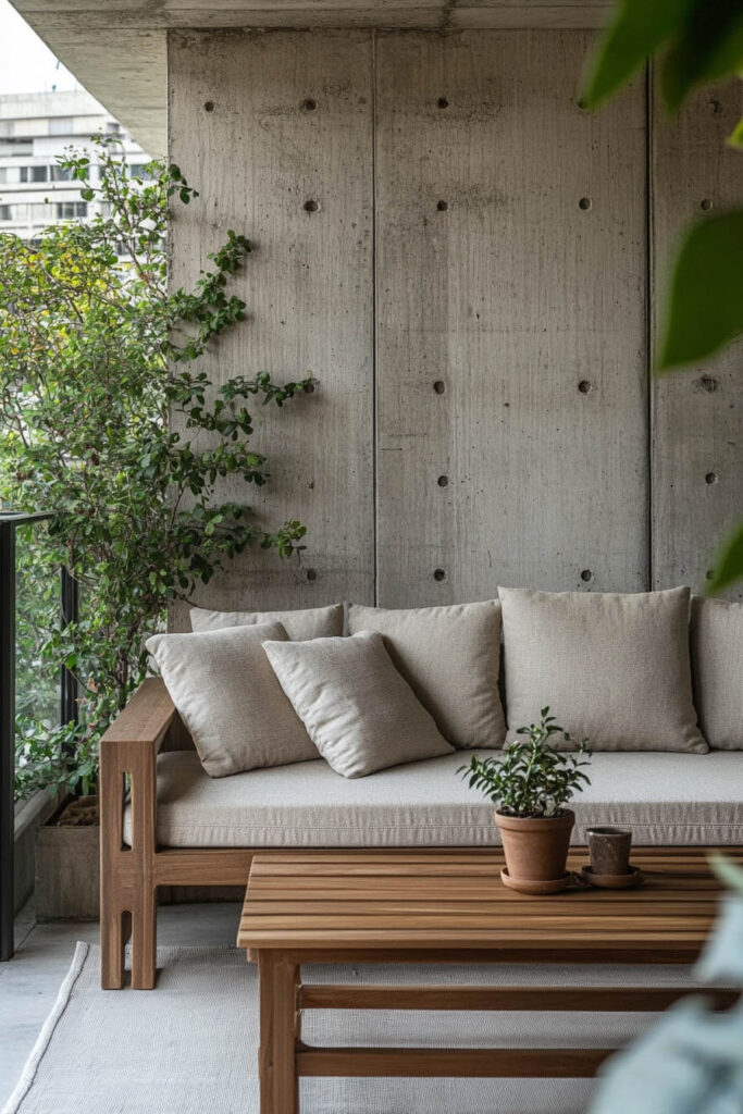 Modern balcony with concrete walls, beige cushions, wooden sofa and coffee table, potted greenery, and minimalist design.