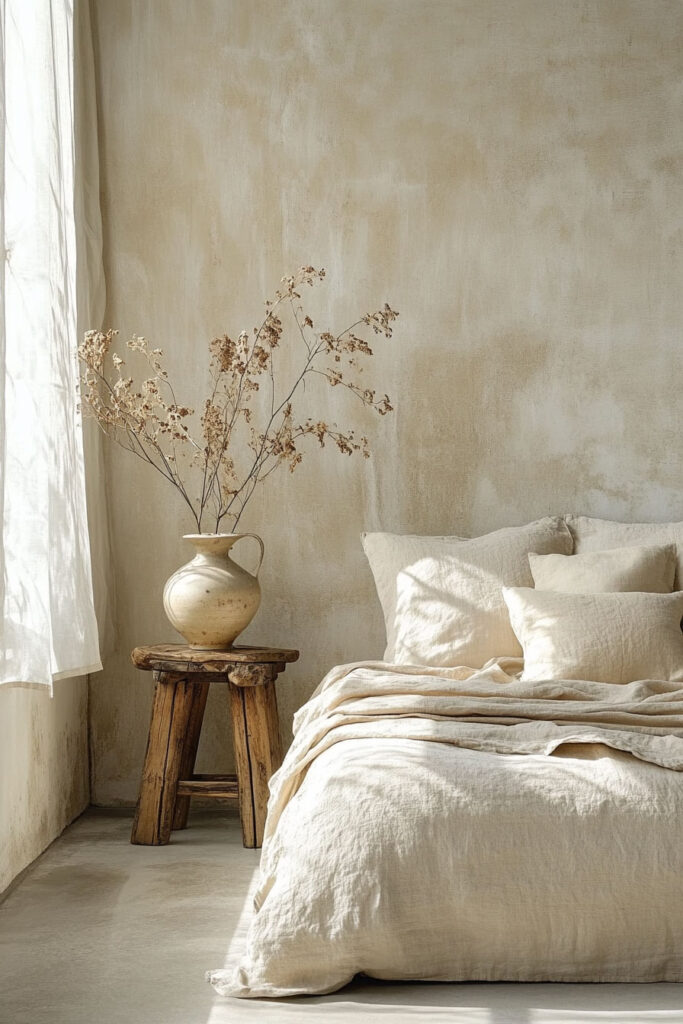 Earthy minimalist bedroom with soft neutral linen bedding, textured plaster walls, dried florals in a ceramic pitcher, and natural sunlight streaming through white curtains.
