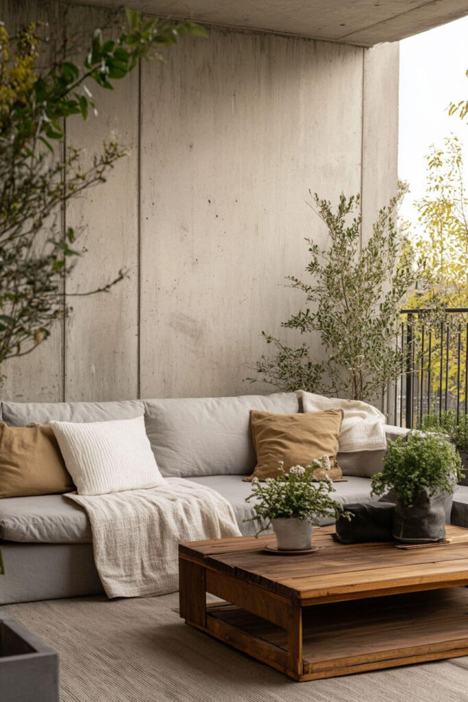 Modern balcony with concrete walls, gray sectional sofa, beige pillows, wooden coffee table, potted greenery, and flowering plants.