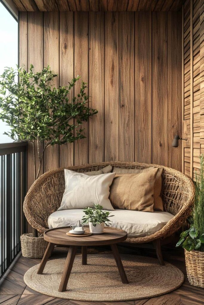 Cozy balcony with wood-paneled walls, woven loveseat, neutral cushions, wooden coffee table, potted greenery, and natural textures.