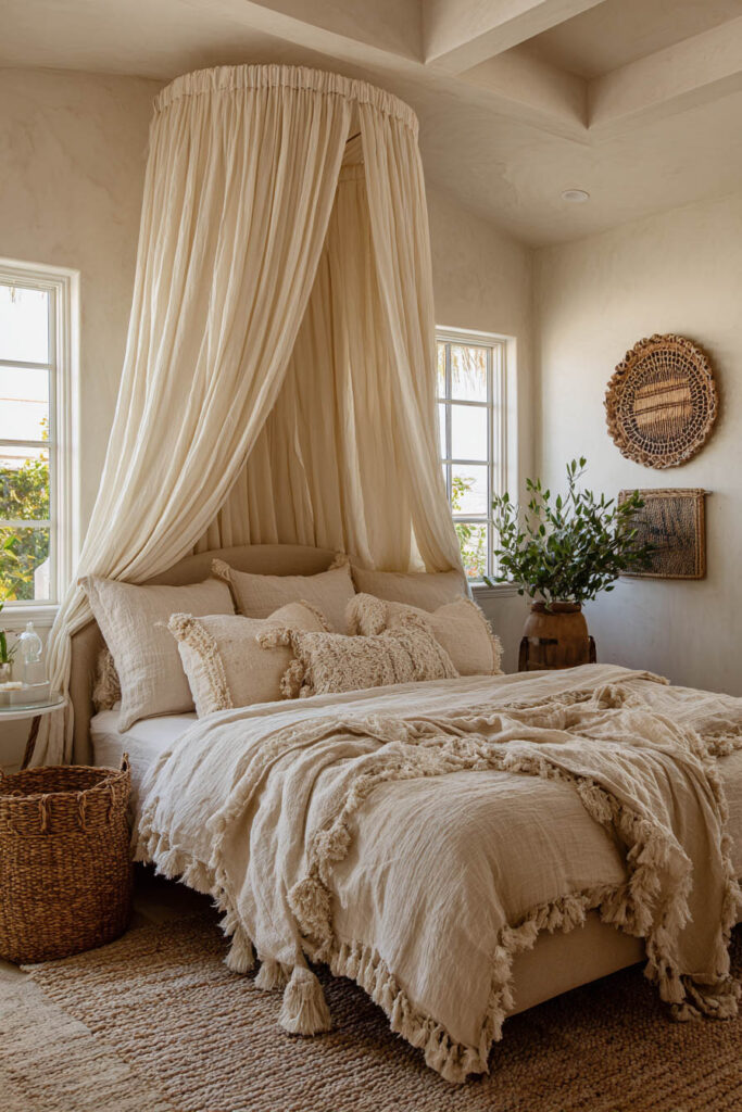 Neutral bedroom with a linen canopy over the bed, layered textured bedding, woven decor, and natural light coming through large windows for a calm boho-inspired look.