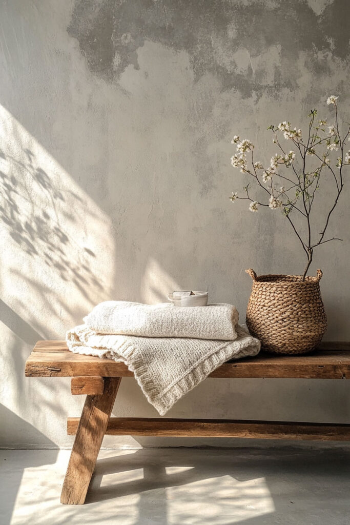 Sunlight streaming across a rustic wooden bench styled with cozy folded blankets, a woven basket, and a ceramic mug in a calm neutral space