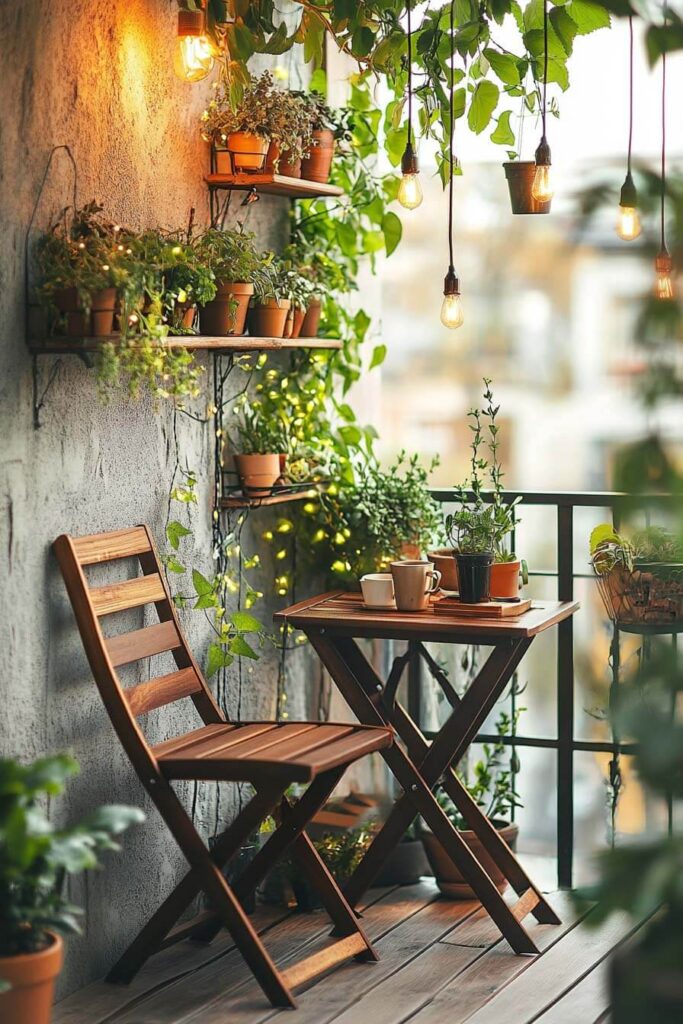 Cozy balcony with terracotta potted plants, wooden bistro set, hanging string lights, greenery, and urban jungle vibe.
