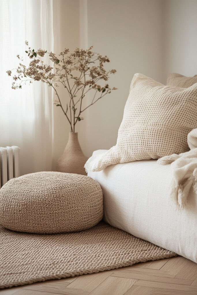 Close-up of a woven floor cushion, textured pillow, and soft neutral sofa with a ceramic vase and dried branches in a sunlit corner
