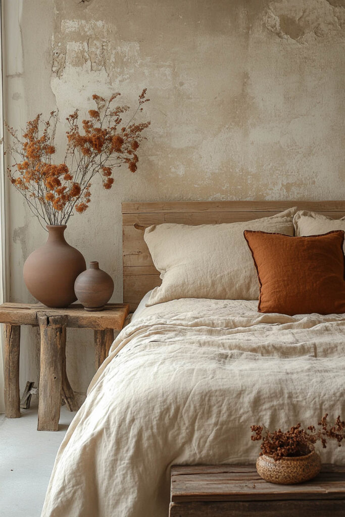 Earthy bedroom featuring natural linen bedding, a clay-colored accent pillow, dried florals in matte terracotta vases, and a rustic plaster wall with layered texture.