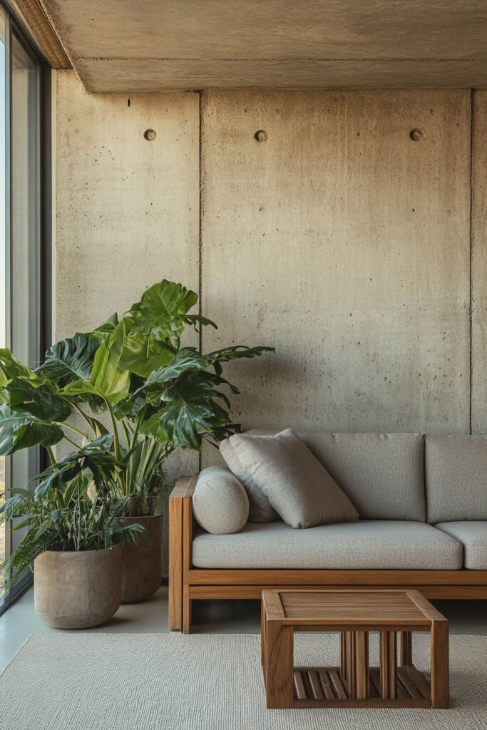 Modern balcony with concrete walls, wooden sofa frame, neutral cushions, wooden coffee table, and large potted tropical plants.