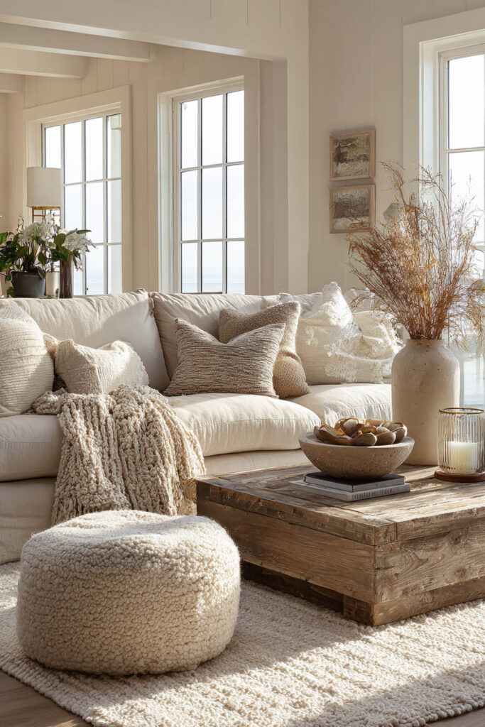 Neutral living room with a large linen sofa layered with textured pillows and a chunky knit throw, rustic wood coffee table, boucle pouf, and natural light flooding the space for a warm, inviting look.
