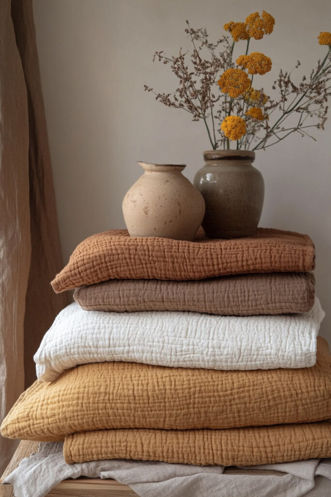 Stack of quilted earthy bedding in mustard, clay, taupe, and ivory tones, styled with rustic ceramic vases and dried yellow florals on a natural wood bench.