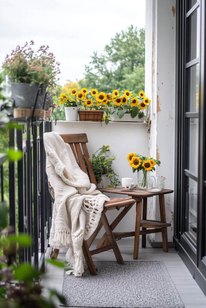 Summer cozy balcony with sunflowers, wooden chair, knit blanket, side table, potted plants, and bright cheerful decor.