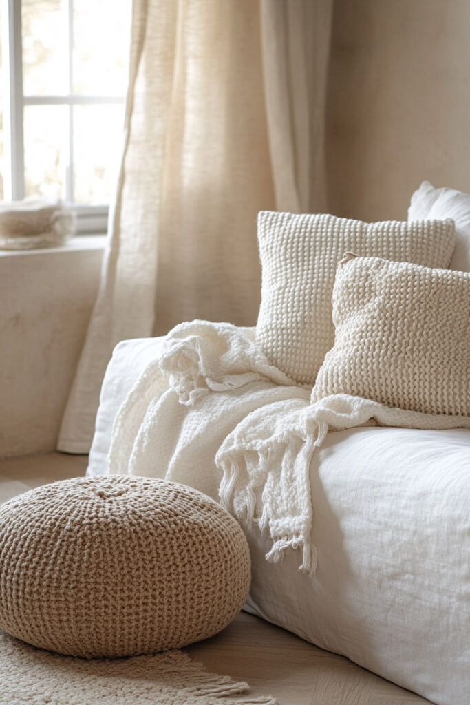 Cozy corner with knit pillows, a textured throw, and a round woven pouf on a white linen sofa near a sunlit window